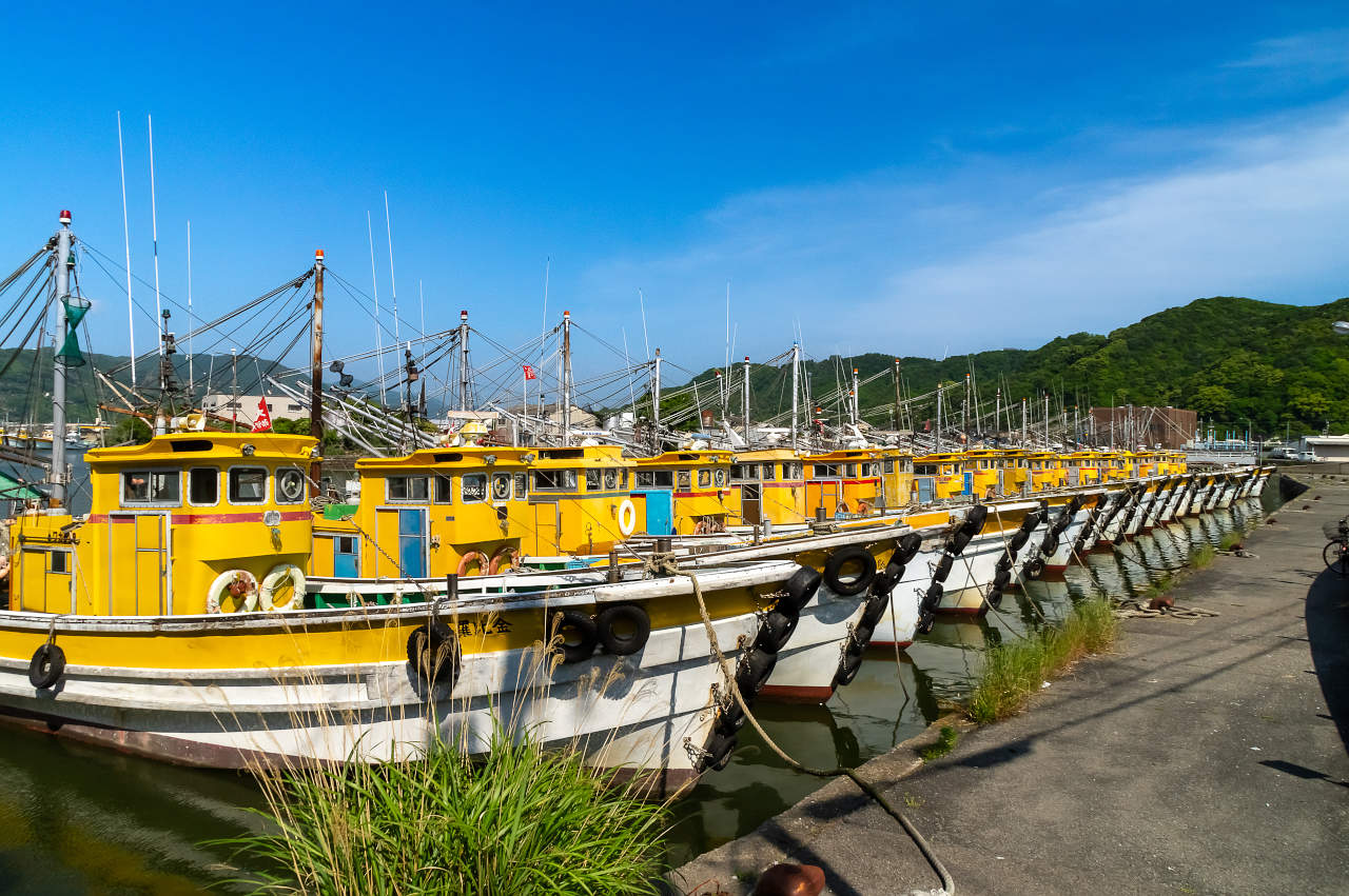箕島漁港の黄色い漁船